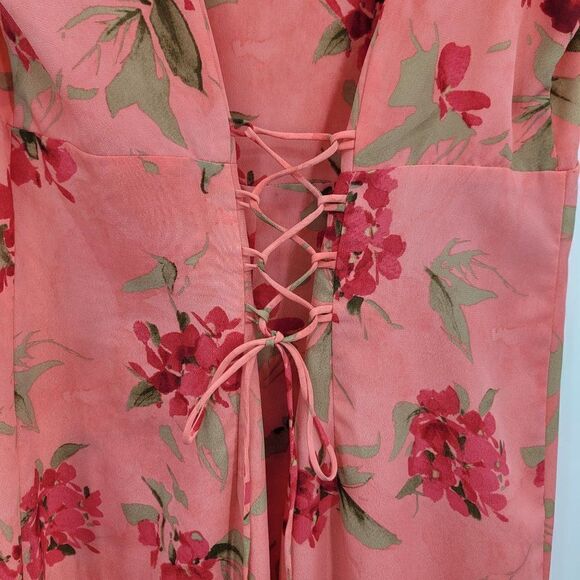 Vintage 80's Expressions Maxi Dress 14 Pink Floral Sleeveless Corset Cinch Back - Picture 4 of 10